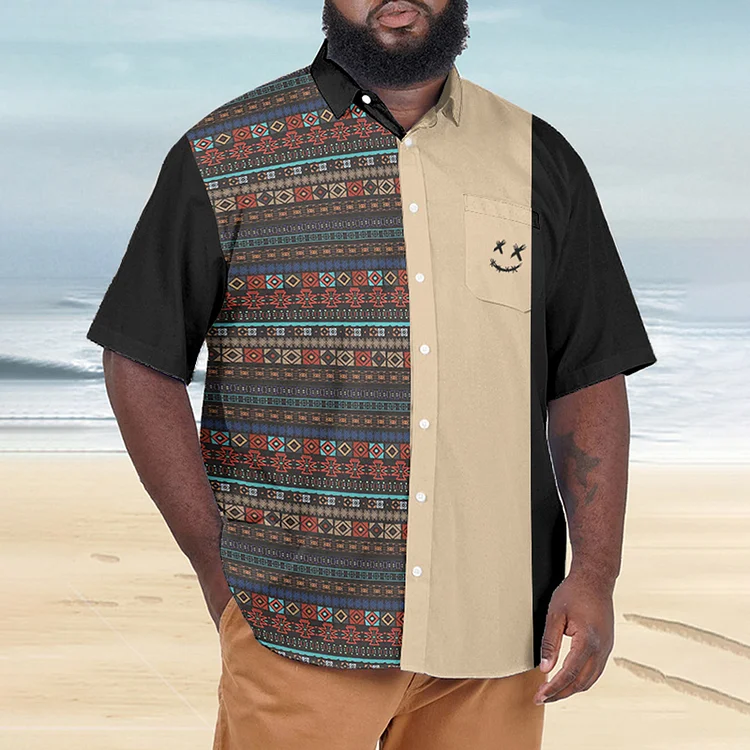Broswear Plus Size Men's Colorful Geometric & Smile Face Print Patchwork Short Sleeve Shirt