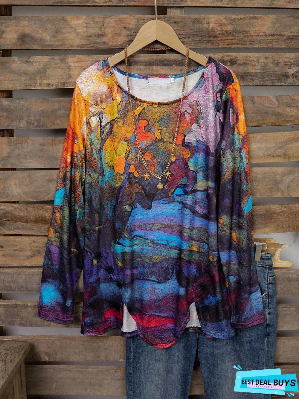 Round Neck Long Sleeve Cotton Printed Tunic Top