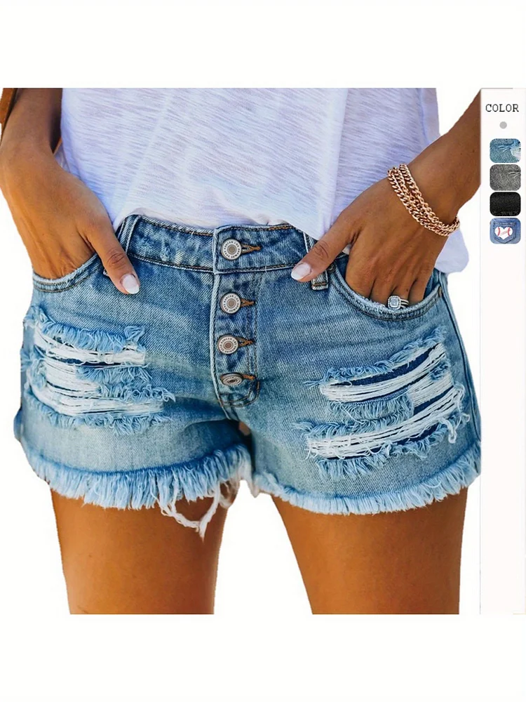Women's Denim-Like Shorts - Non-Transparent Structured Breasted Hot Pants, Machine Washable Casual To Formal Outfits For Everyday & Special Events, Denim Shorts, Summer Clothing, Bohemian Style, Rustic Appeal, Vacation Outfit, Lightweight Material