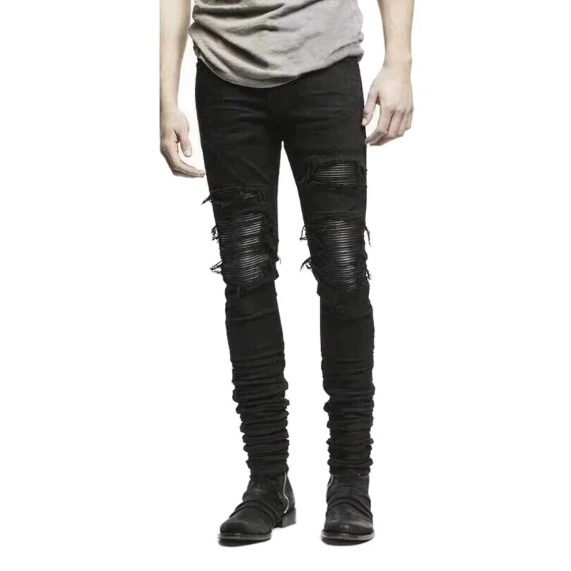 Men's Black Leather Folded Locomotive Jeans Ripped Pants High Street Pants Men's Skinny Elastic Jeans