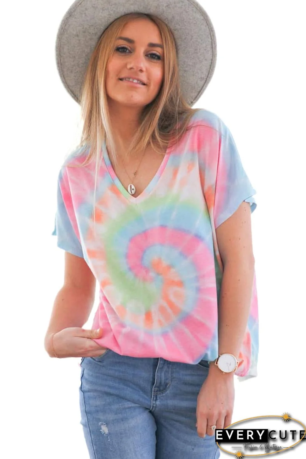 Tie-dye Short Sleeve V Neck T-Shirt