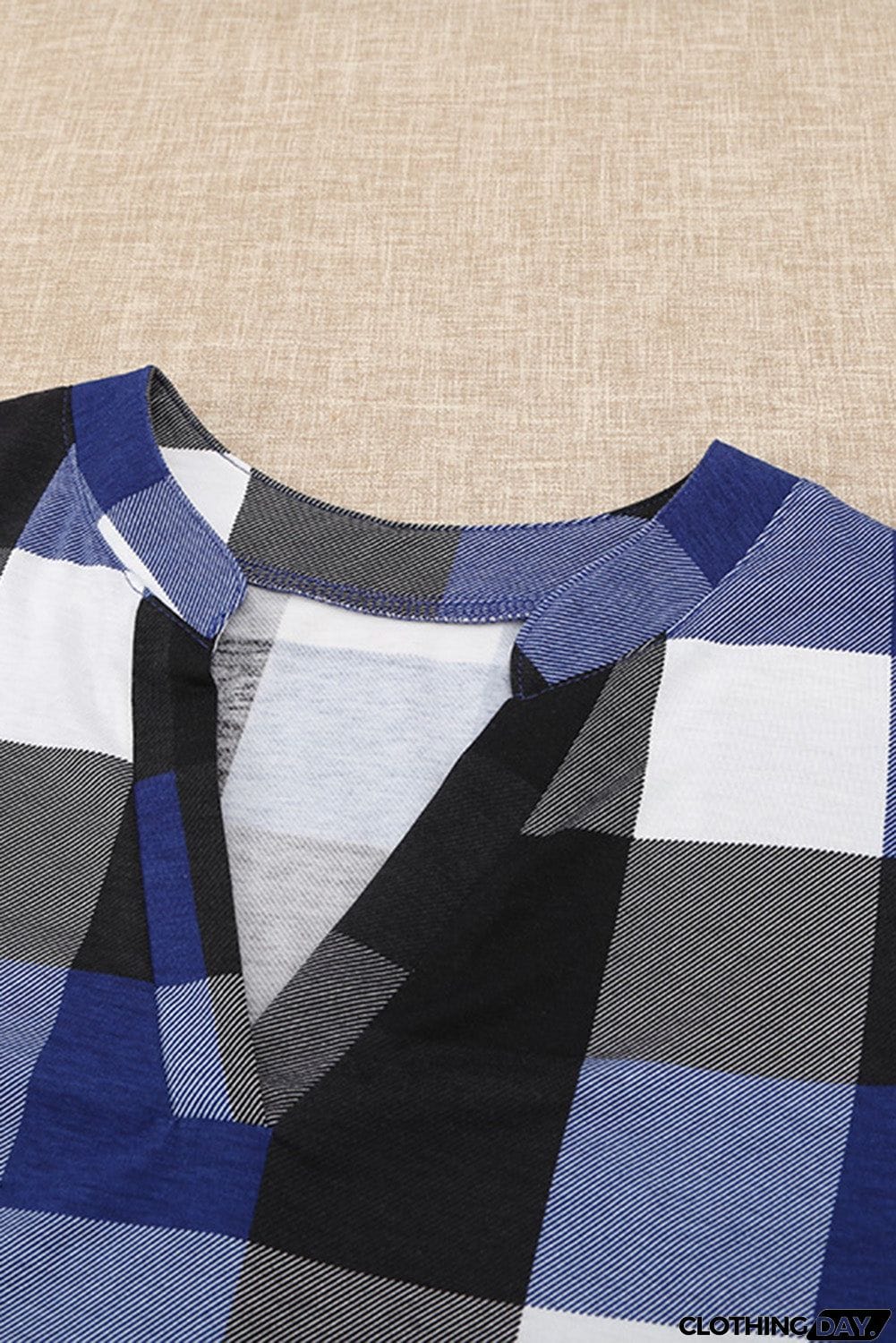 Contrast Plaid V Neck Long Sleeve Top