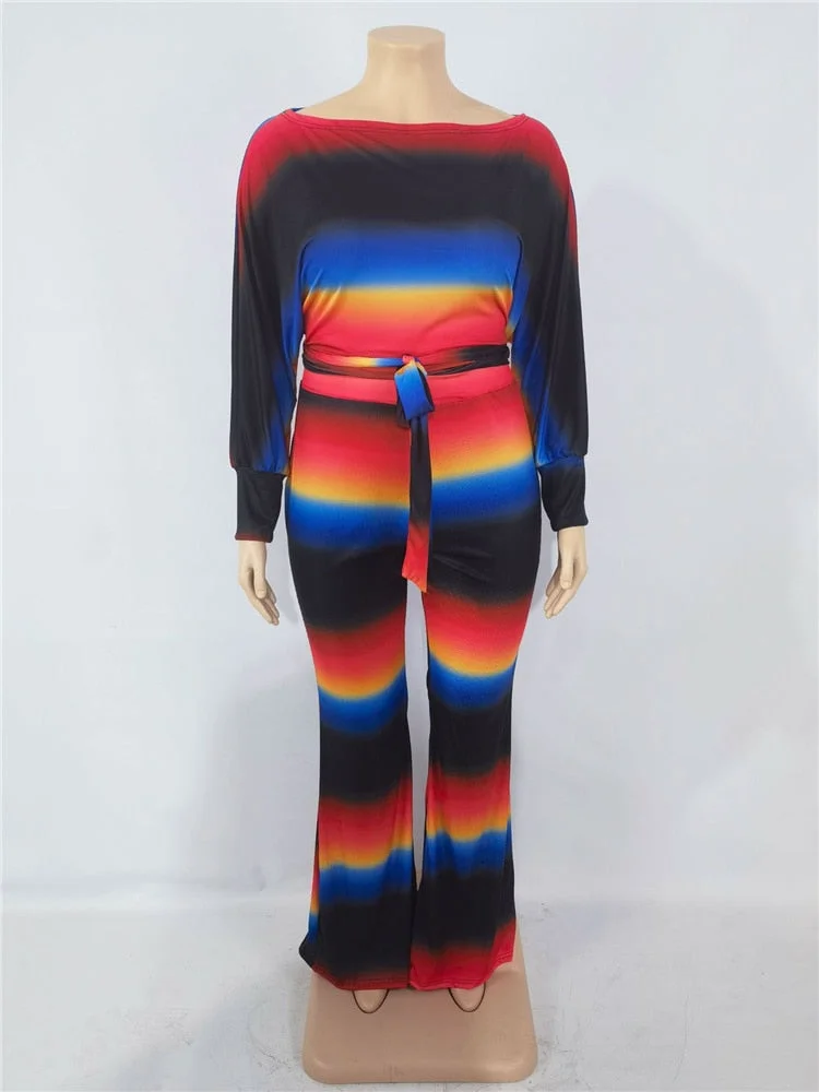 Plus Size Fall Clothing Two Piece Set Women Stripe Crop Bandge Top Elastic Waist Wide Leg Pants Sets Wholesale Dropshipping