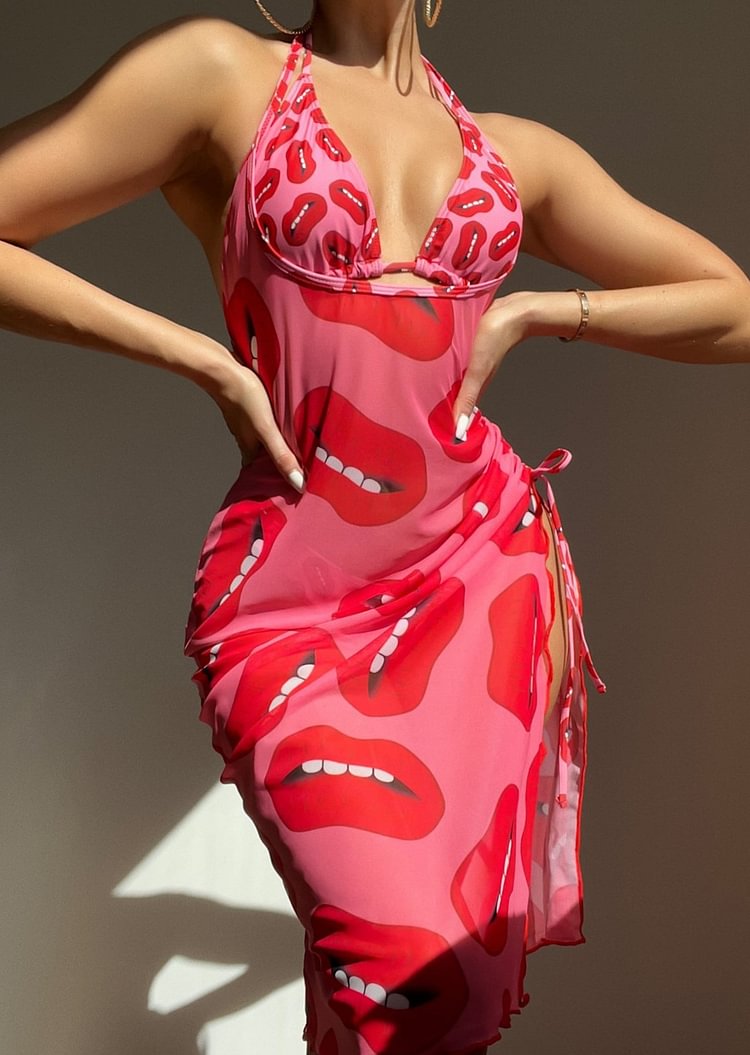 Halter Lips Print Bikini Swimsuit and Drawstring Dress