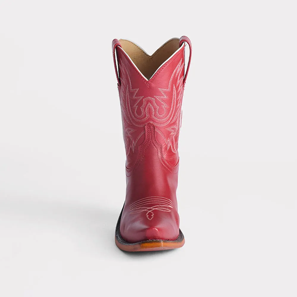 Red Embroidered Stacked Heel Snip Toe Mid-Calf Cowgirl Boots for Women