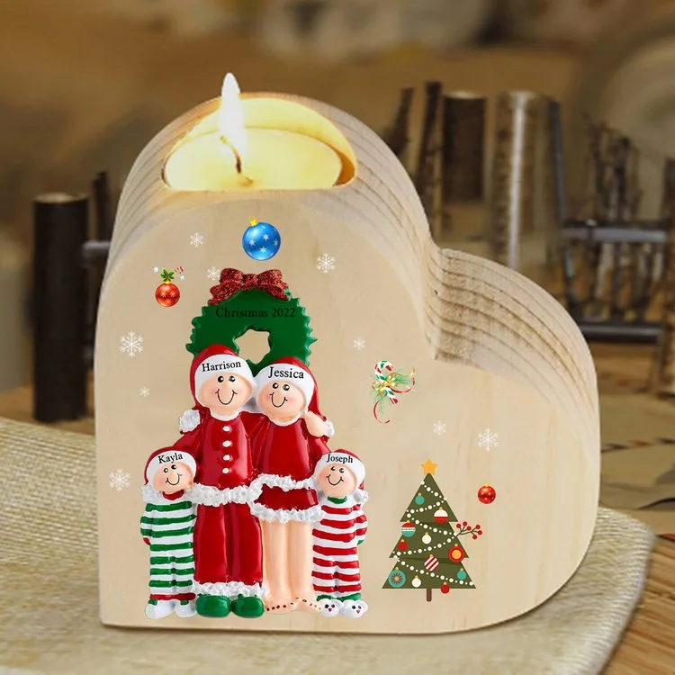 Navidad - Candelero de corazón de madera familia personalizado con 4 nombres y 1 texto sin vela