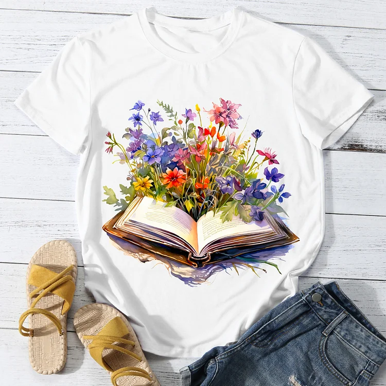 Book In Flowers Woman's Round Neck T-Shirt -BSTC1646