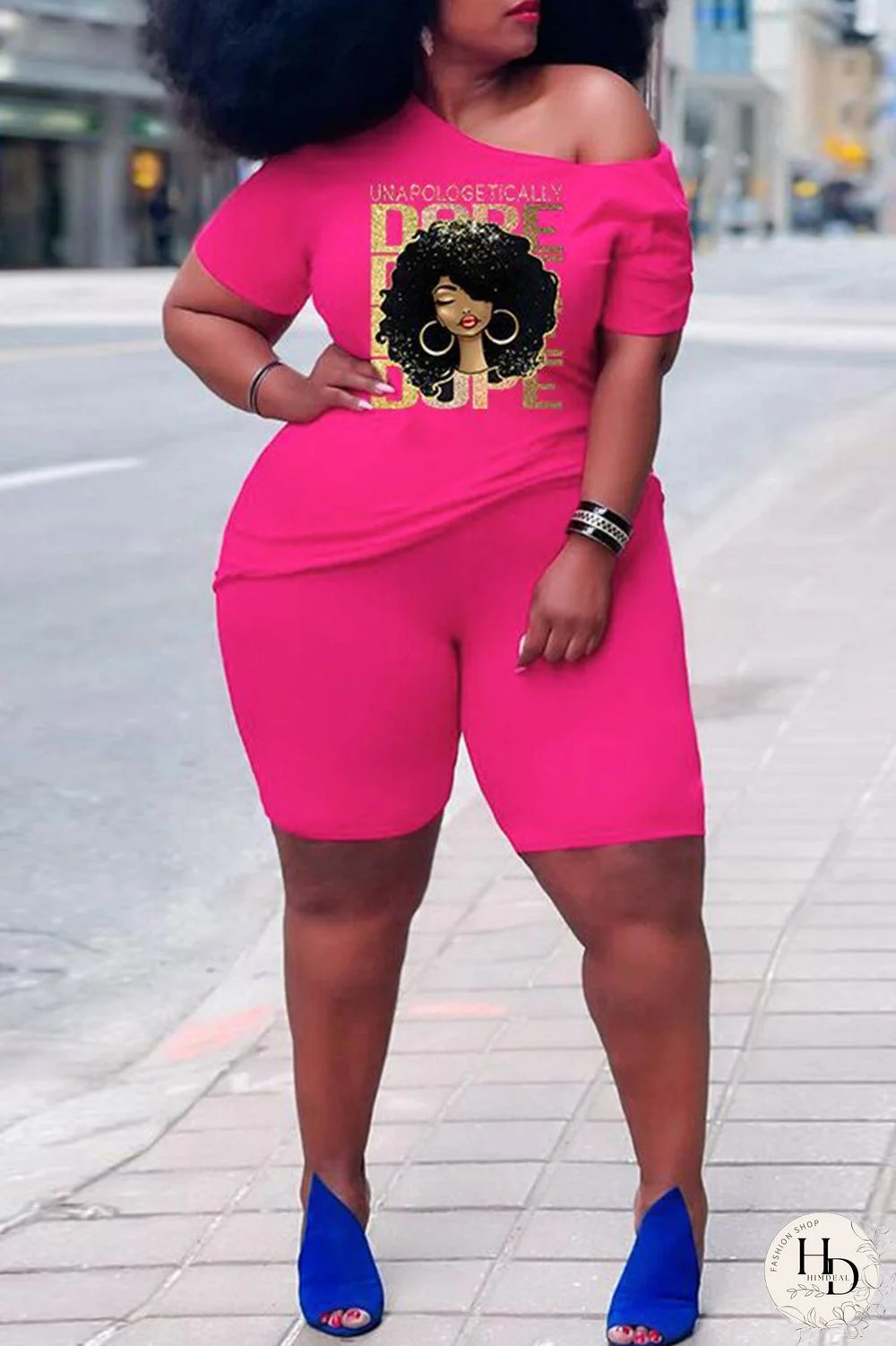 Rose Red Casual Print Basic Oblique Collar Short Sleeve Two Pieces