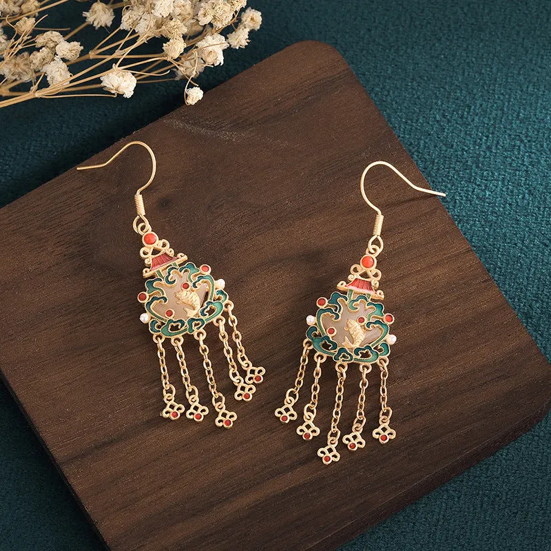 Chinese Style Fish Leaping Tassel Drop Dangle Earrings