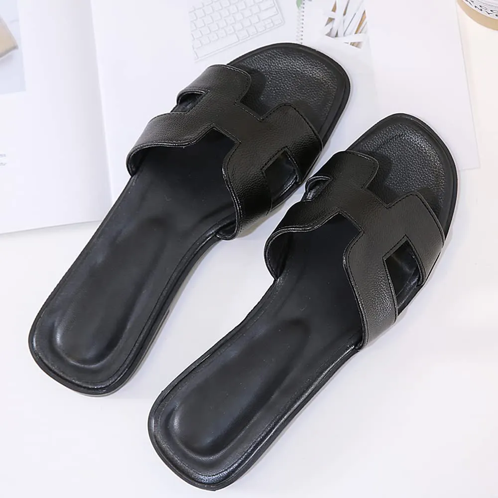 Women's Square Open Toe Summer Casual Flat Litchi Slippers-vocosishoes