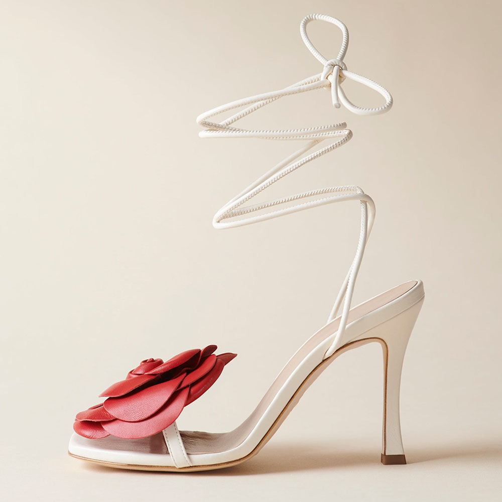 White Vegan Leather Square Toe Stiletto Heel Rose Lace-Up Sandals Nicepairs