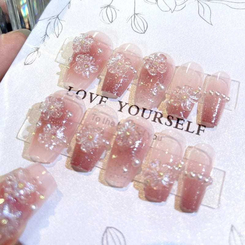 Cute Sweet Color Block Flower ABS Press-on Nails 1 Set