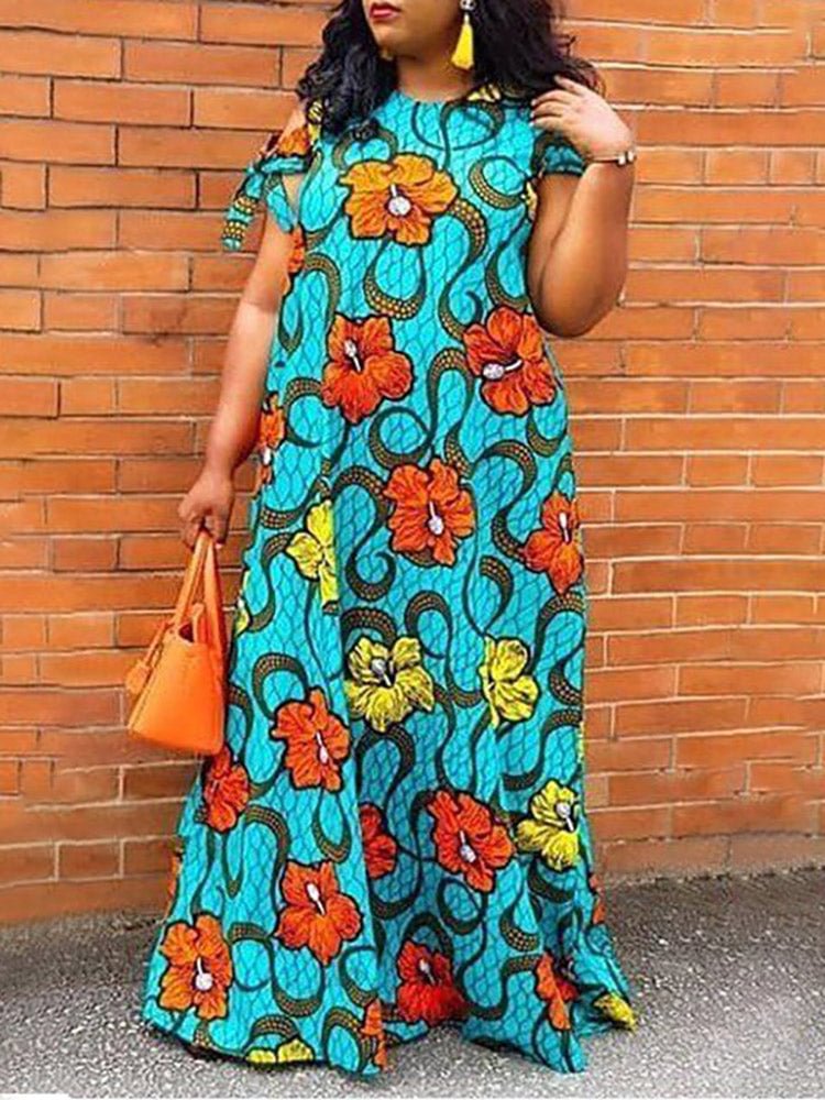 Flower Print Cold Shoulder Bowknot Swing Maxi Dress SKUJ23698 QueenFunky