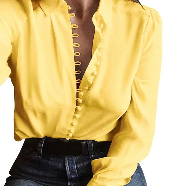 OOTN 2020 Fashion Blouse Tops Womens Elegant Long Sleeve Yellow Shirt Ladies Casual Streetwear Summer Blouse Female Button Down