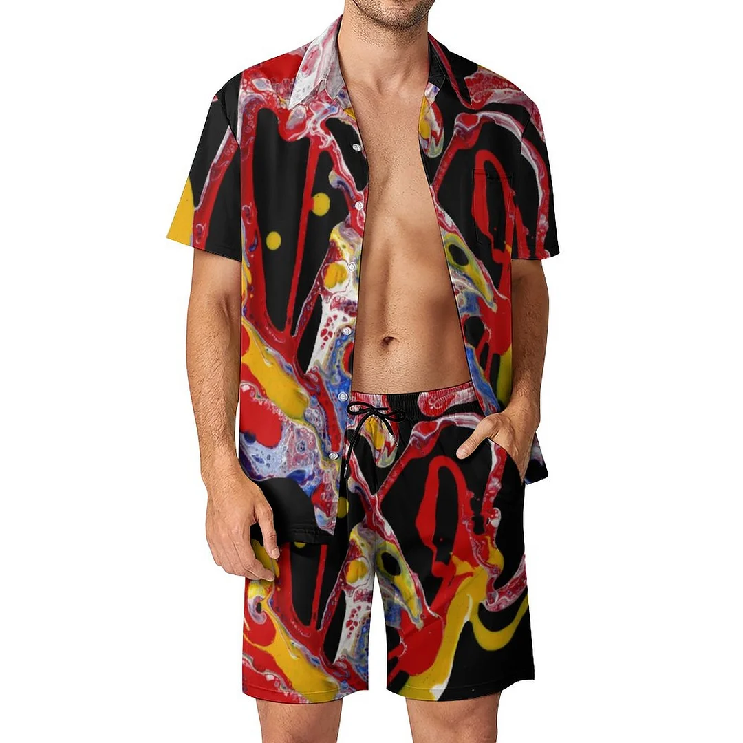 Black Multi Colored Crazy Heart Men Hawaiian 2 Piece Outfit Vintage Button Down Beach Shirt Shorts Set Tracksuit with Pockets