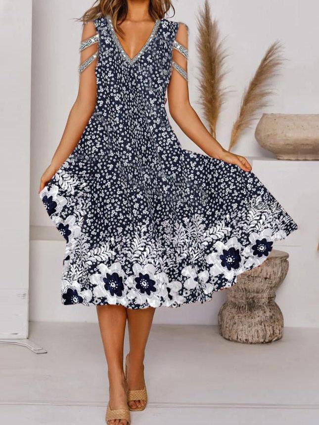 Women Short Sleeve V-neck Printed Midi Dress