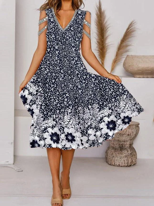 Women Short Sleeve V-neck Printed Midi Dress