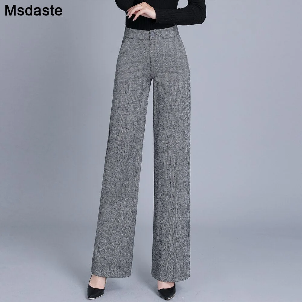 Formal Pants Office Work Woolen Wide Leg Pants Autumn Winter High Waist Full Length Straight Female Trousers Office Lady Pants
