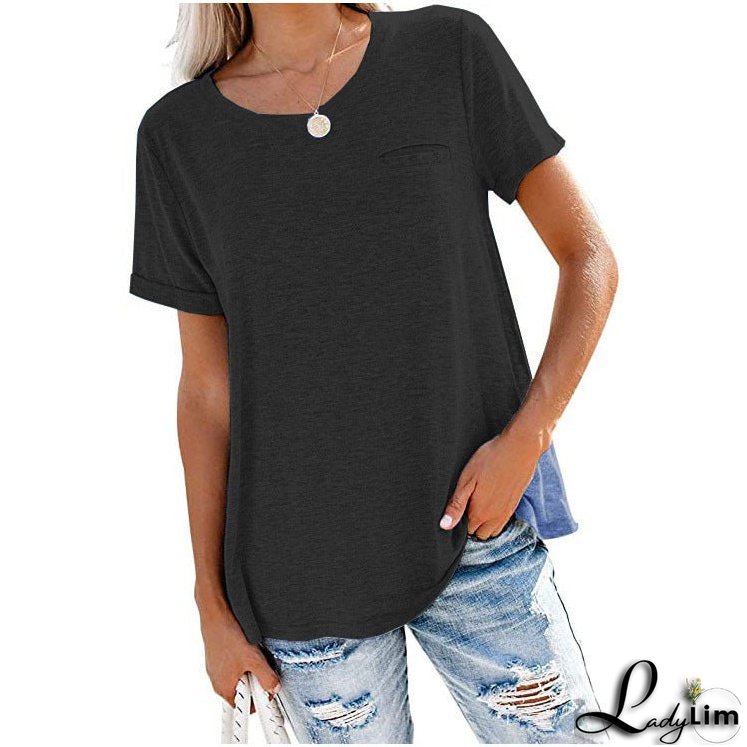 Multicolor Round Neck Short-Sleeved T-Shirt with Loose Fit and Pocket