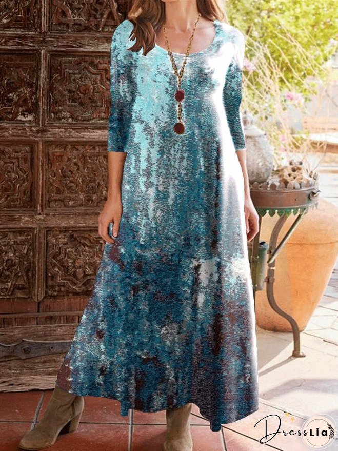 Vintage Print Round Neck Three-Quarter Sleeve Dress