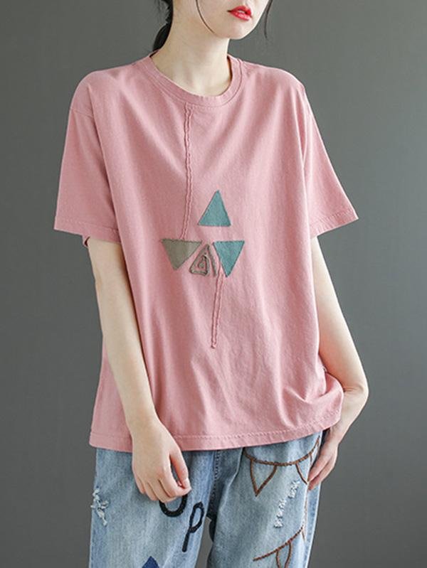 4 Colors Applique Round-Neck T-Shirt