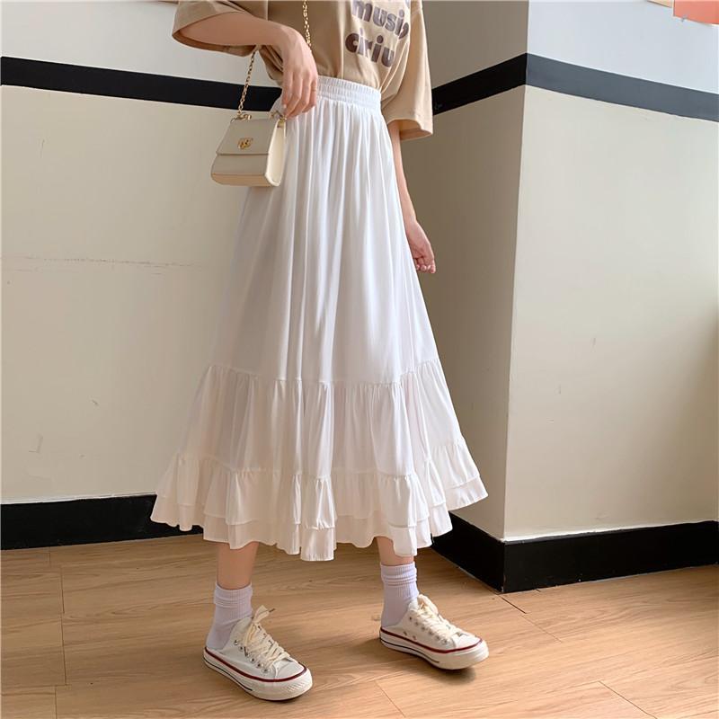 SOLID COLOR RUFFLE MID-LENGTH SKIRT