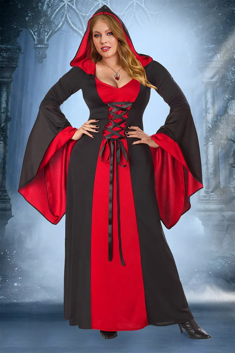 Plus Size Halloween Red Cloak Lace Up Maxi Dress (Only Cloak And Dress)  [Pre-Order]