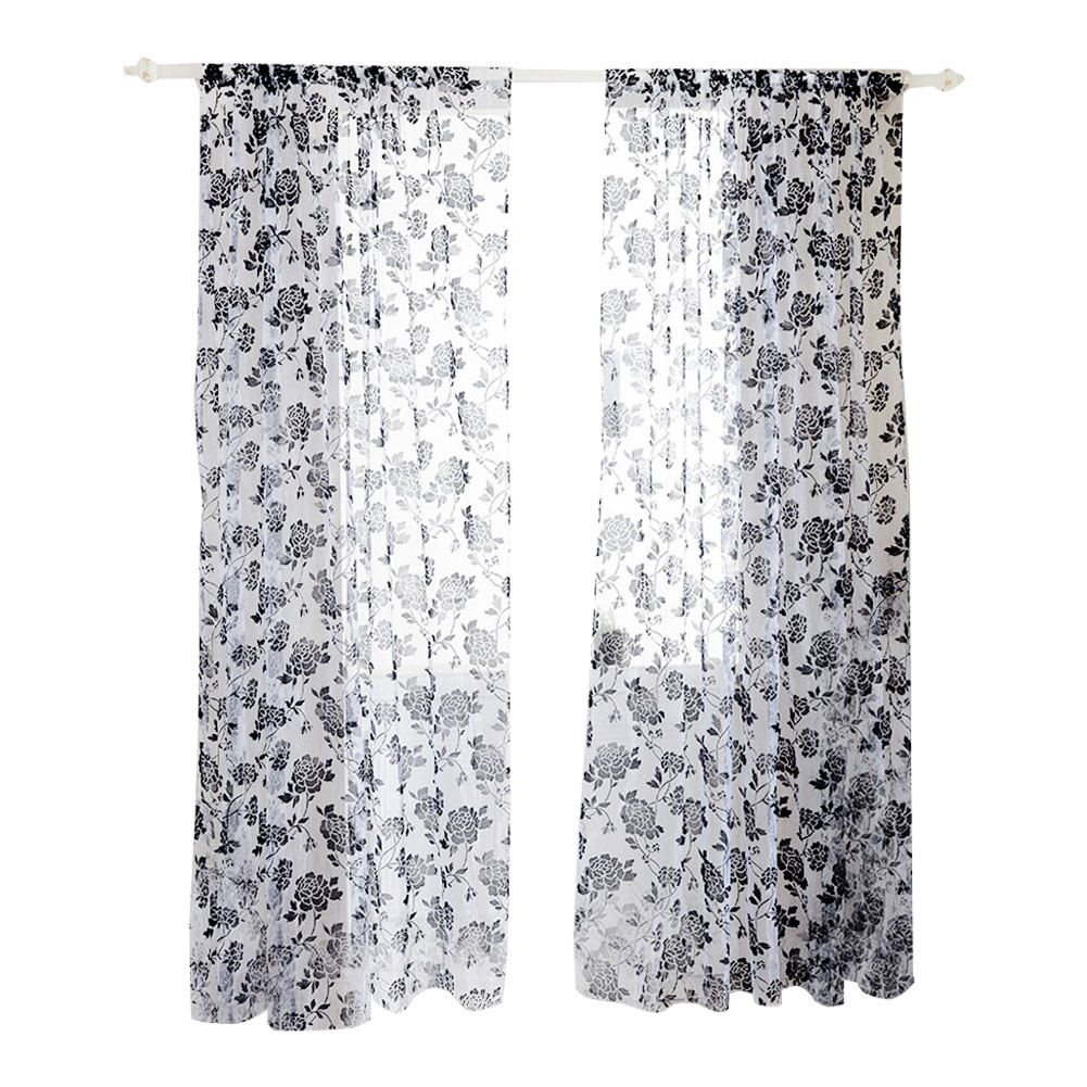 

Peony Print Flocking Tulle Curtains Bedroom Polyester Window Screen (Black, 501 Original