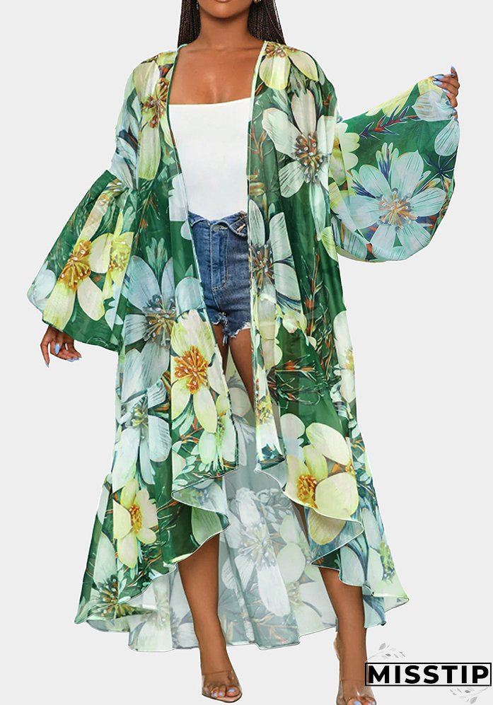 Casual Spring and Autumn Women's Lantern Sleeve Irregular Long Printed Coat