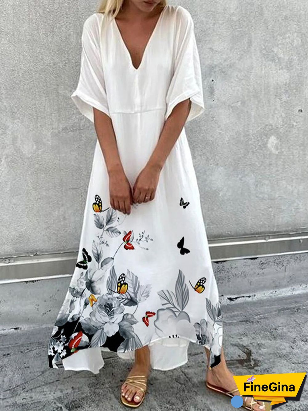 Vintage Print Pattern Loose Dress Button Casual Summer Office Ladies Dress New Beach Short Sleeve V Neck Long Women Dresses