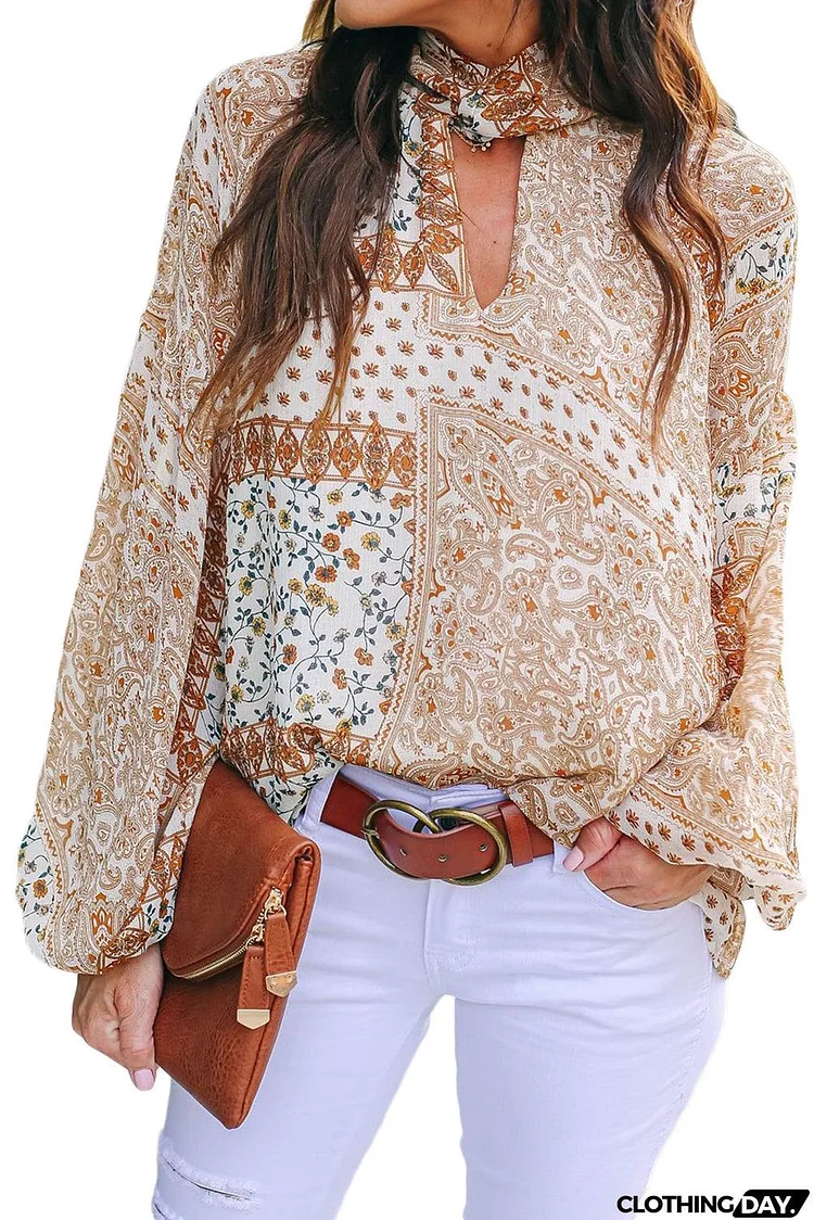 Keyhole Mix Print Mock Neck Blouse