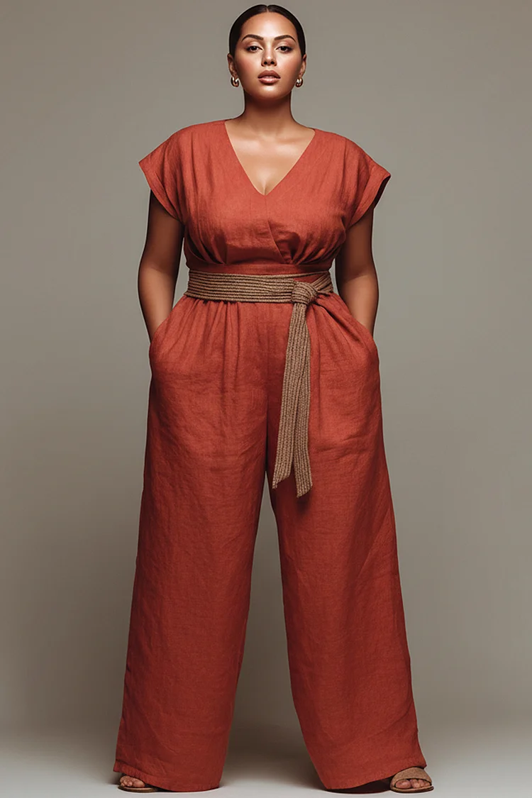Xpluswear Design Plus Size Vacation Orange V Neck Short Sleeve Pocket Wrap Linen Jumpsuits [Pre-Order] 2024 - Xpluswear