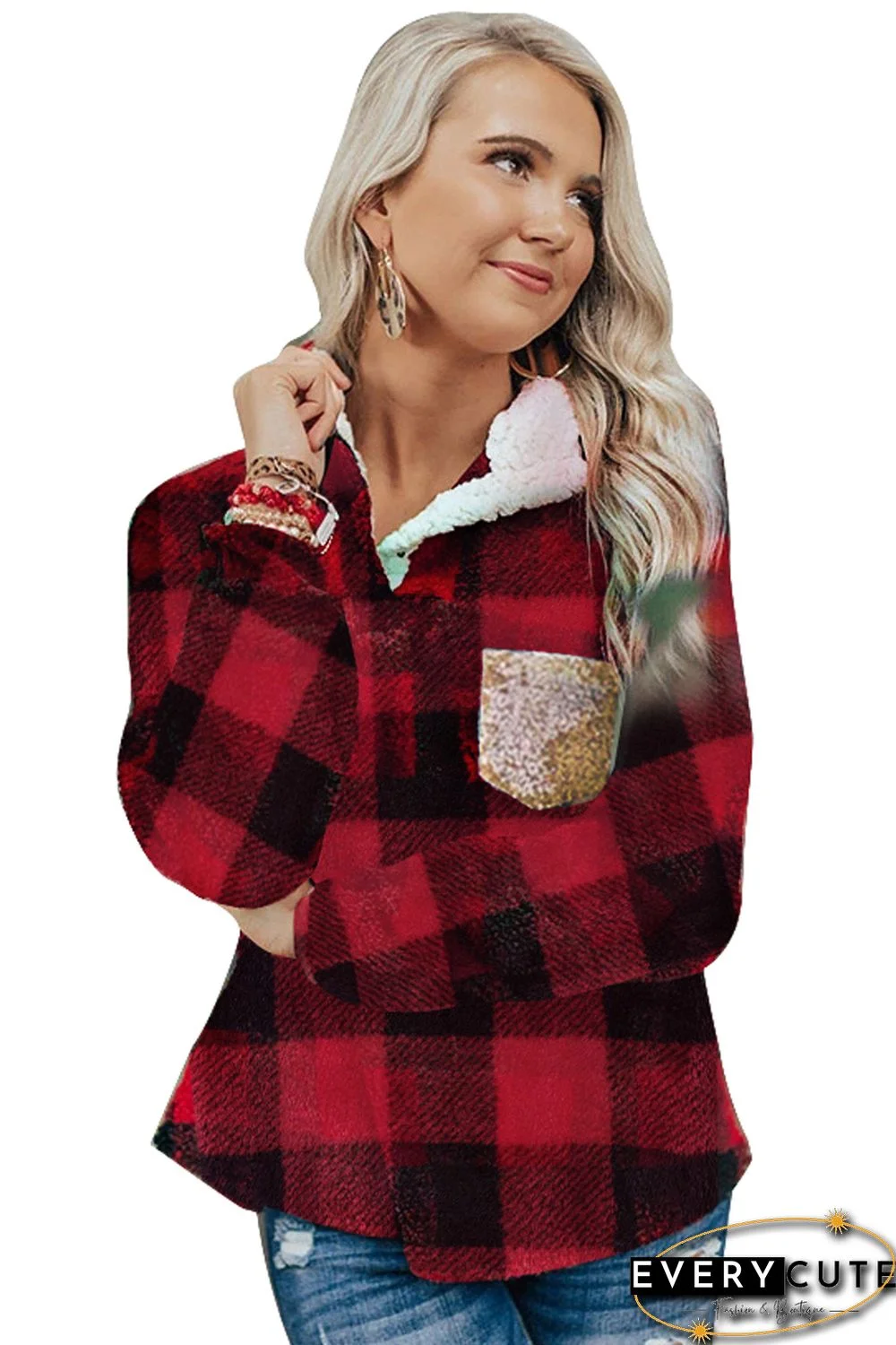 Red Plaid Sherpa Fleece Sweatshirt with Sequin Pocket