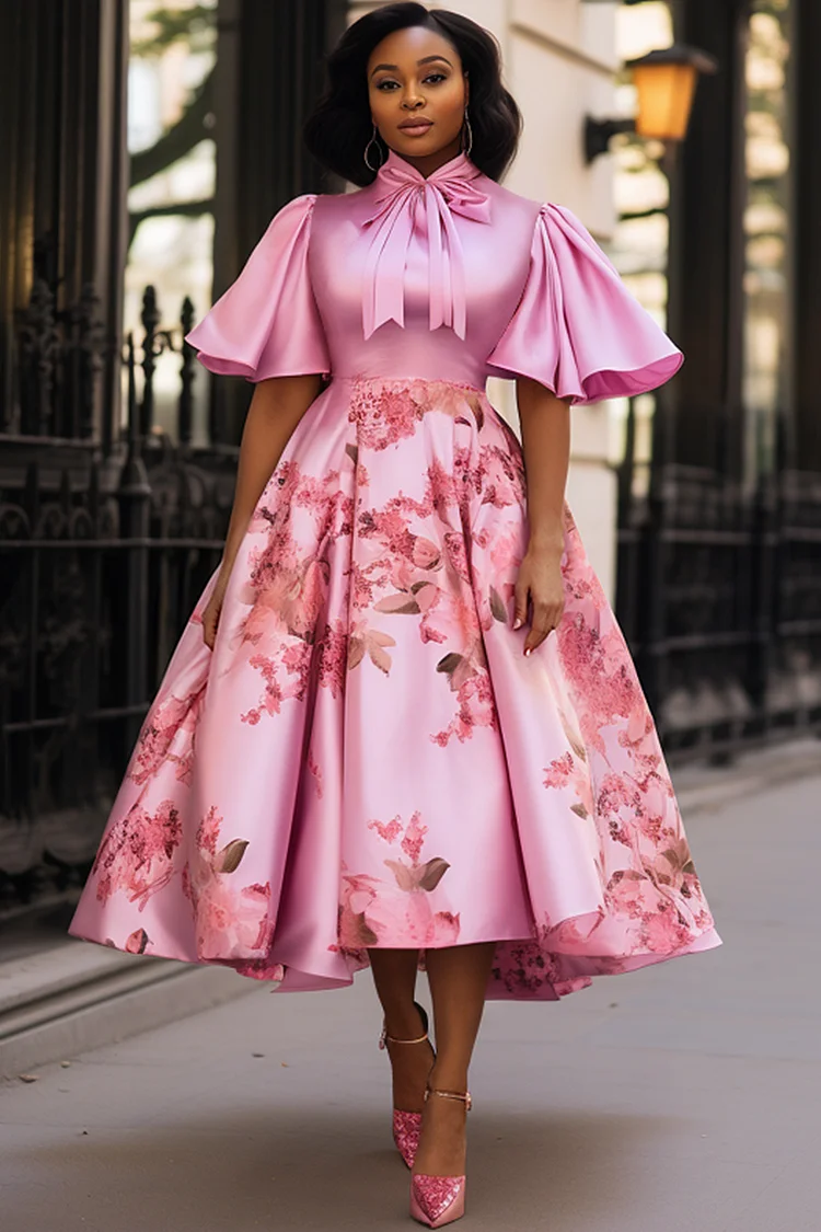 Xpluswear Design Plus Size Wedding Guest Pink Floral Short Sleeve Bow Tie Pocket Satin Midi Dresses [Pre-Order] 2024 - Xpluswear