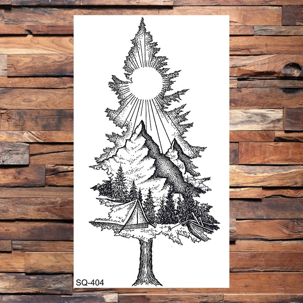 Small Forest Pine Tree Temporary Tattoos For Women Men Realistic Whale Mountain Sea Wave Fake Tattoo Sticker Arm Body Tatoos