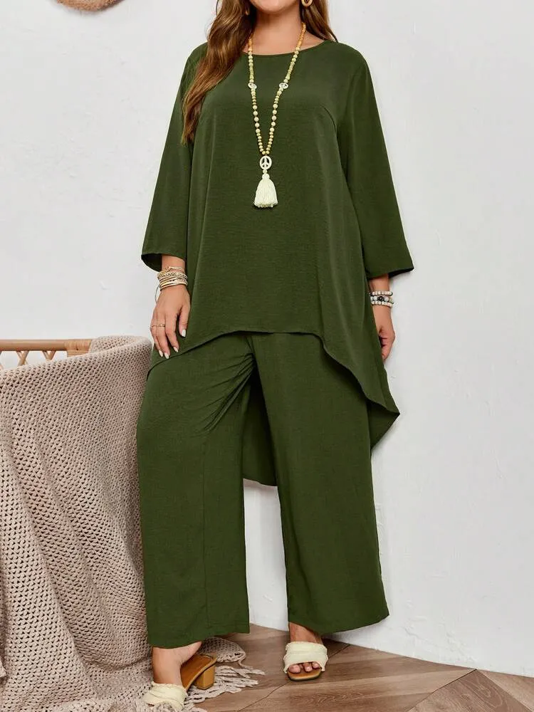 2pcs Plus Size Vacation Casual Solid Asymmetric Hem Long Sleeve Top And Pants Set