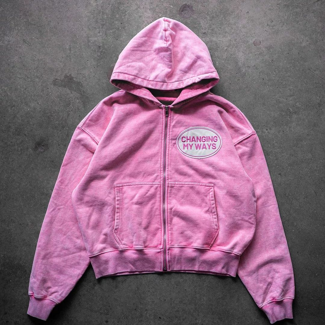 Relaxed Vintage Have Mercy Changing My Ways Graphic Acid Washed Oversized Zip-Up Hoodie