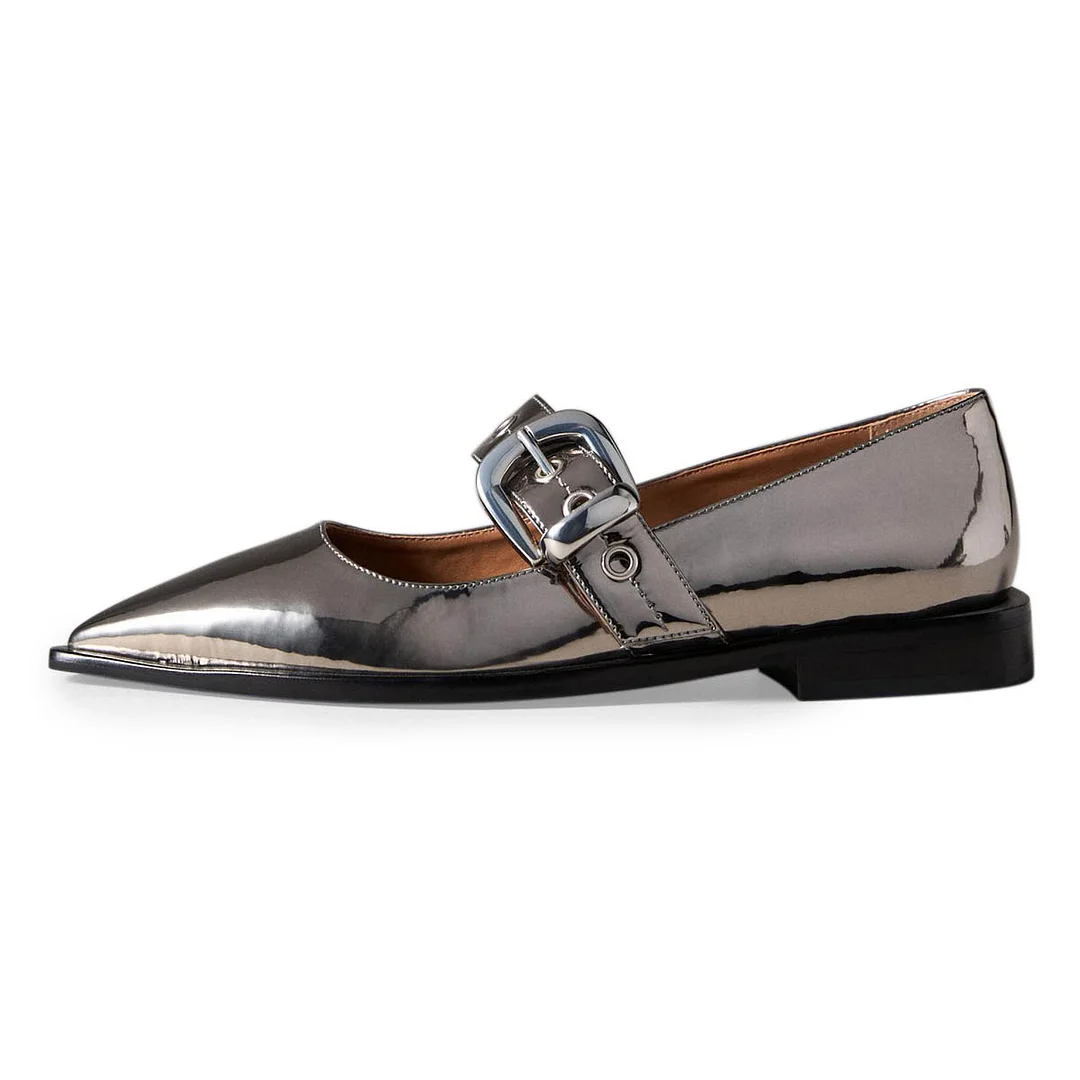 Silver Patent Buckle Strap Pointed Toe Flat Women Mary Jane Shoes