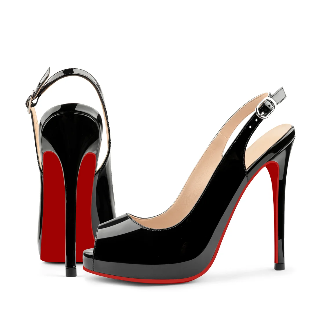 120mm Red Bottom Elastic Strap Slingback Sandals Peep Toe Platform Stilettos Black Patent Heels-MERUMOTE