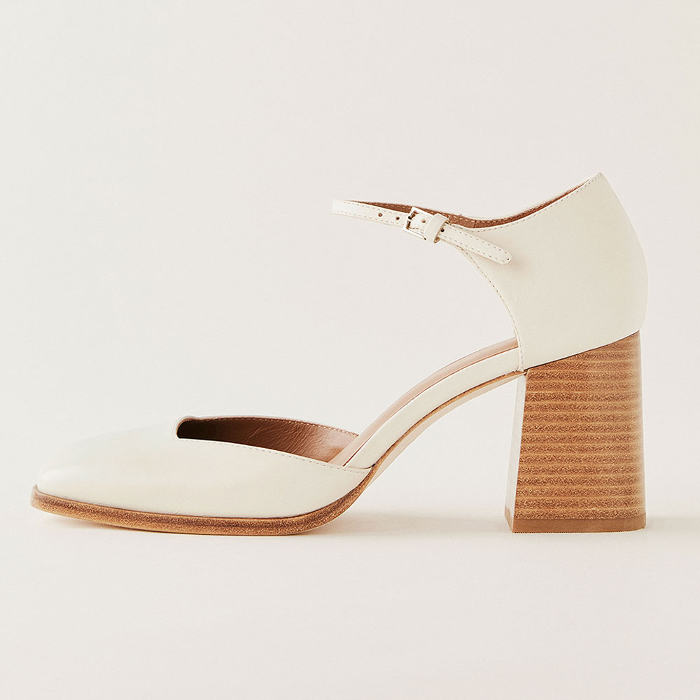 Beige Closed Square Toe Block Heel Pumps with Buckled Ankle Strap Nicepairs