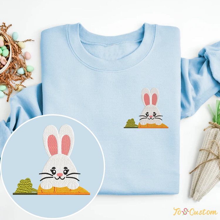 TOSCUSTOM™ Split Carrot Embroidered Happy Easter Bunny Rabbit Sweatshirt 