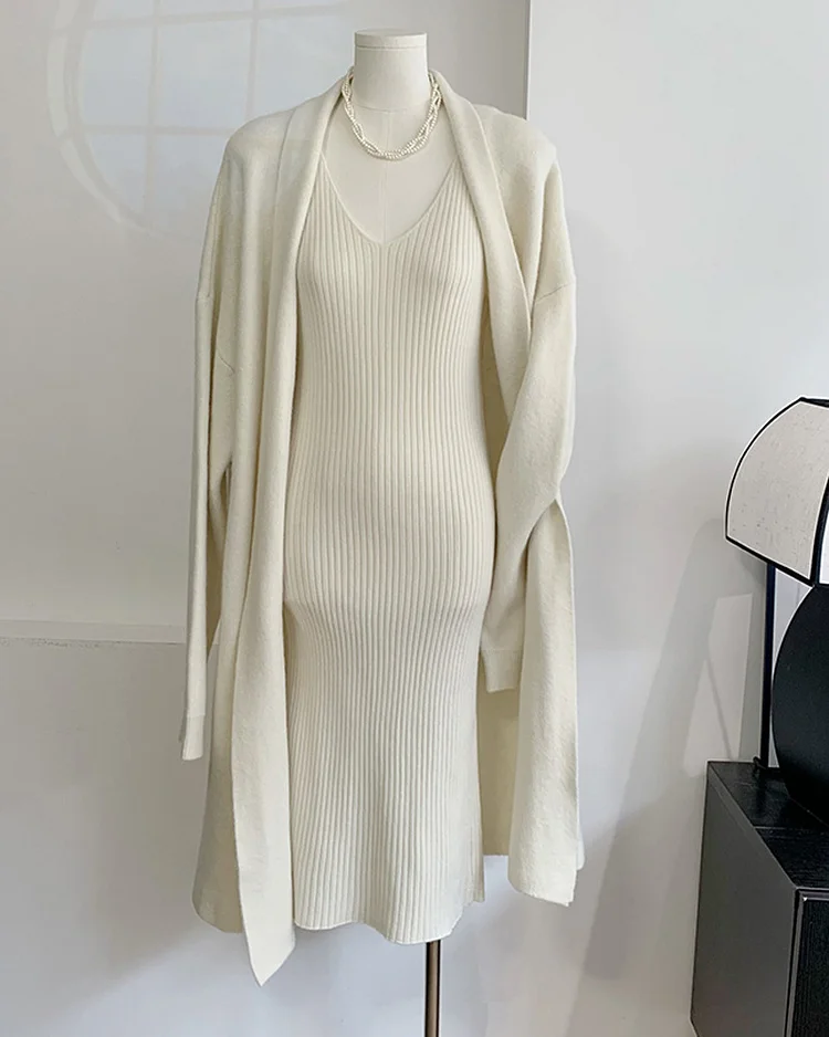 PASUXI 2 Piece Suit for Women's Solid Long Sleeve Open Front Long Coat and Elegant Vest Dress Knitted Suit For Women huanwei