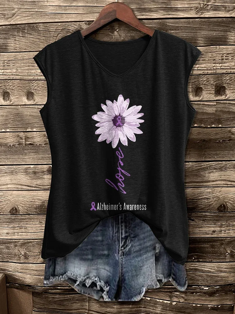 V-Neck Retro Alzheimer's Awareness Flower Hope Print Vest