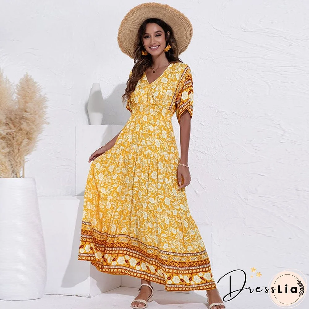 Yellow 3/4 Sleeve Tribal Swing Dresses