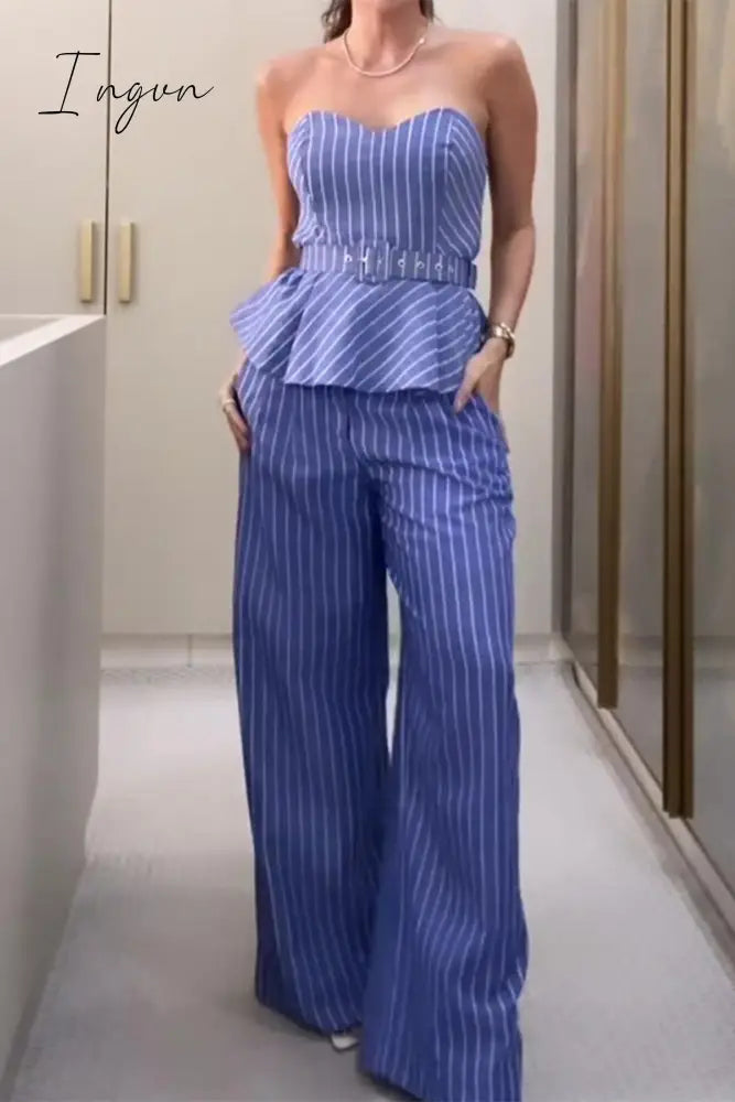 Ingvn - British Style Celebrities Striped With Belt Strapless Sleeveless Two Pieces Blue / S