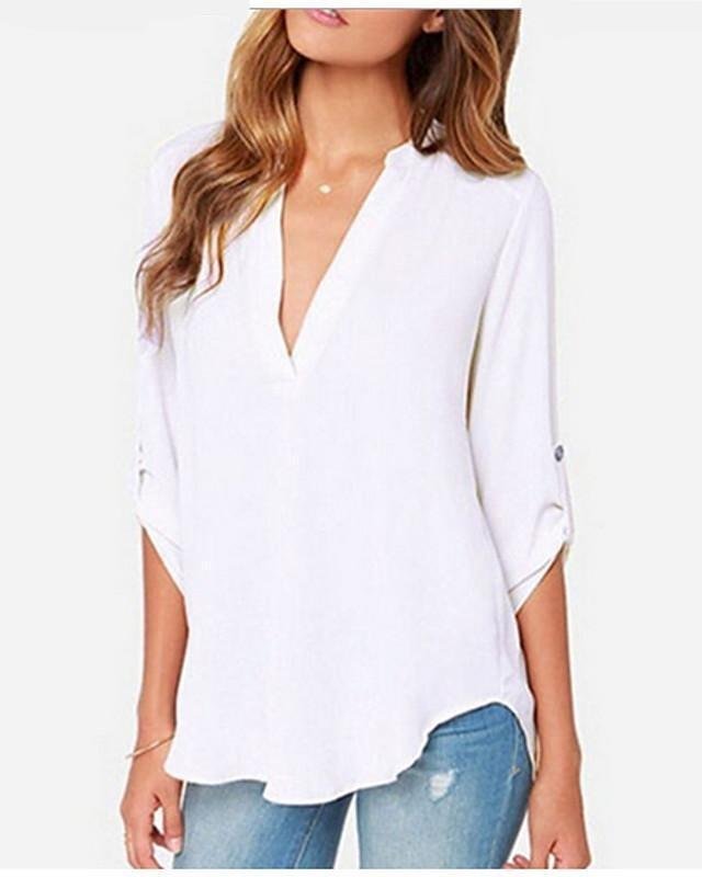 Women's Plus Size Blouse Shirt Solid Colored Long Sleeve Chiffon Fashion V Neck Tops Loose Basic Top White Black Blue-0203817 - VSMEE