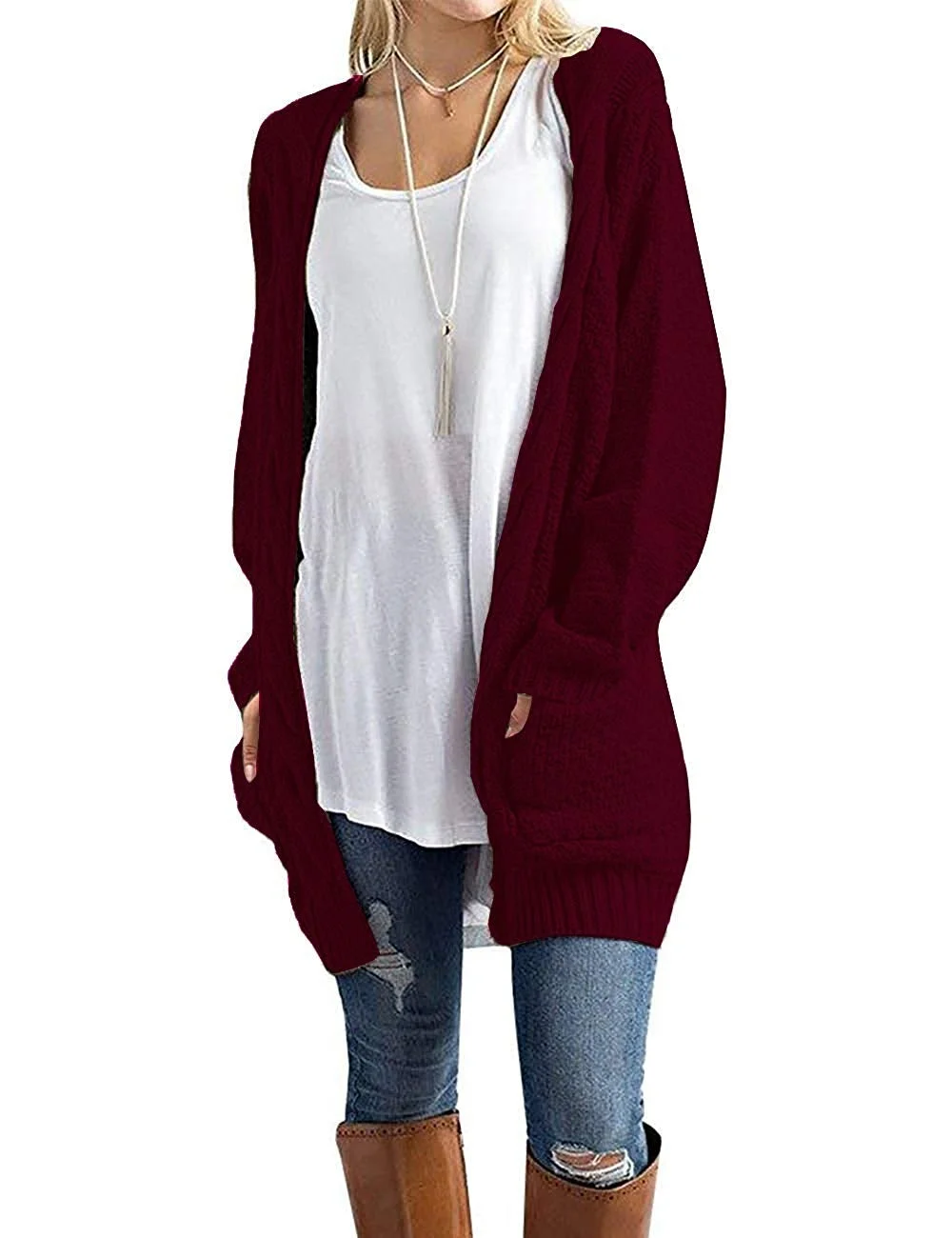 Women's Loose Open Front Long Sleeve Solid Color Knit Cardigans Sweater Blouses with Pockets