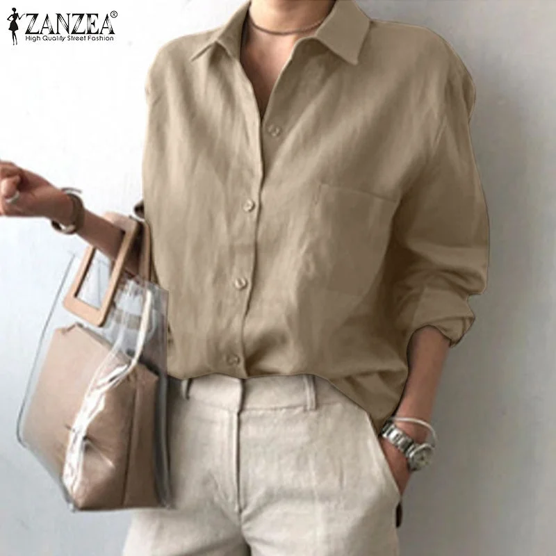 ZANZEA Women Casual Loose OL Shirts Spring Autumn Long Sleeve Business Blouse Collared Female Button Tunic Blusas
