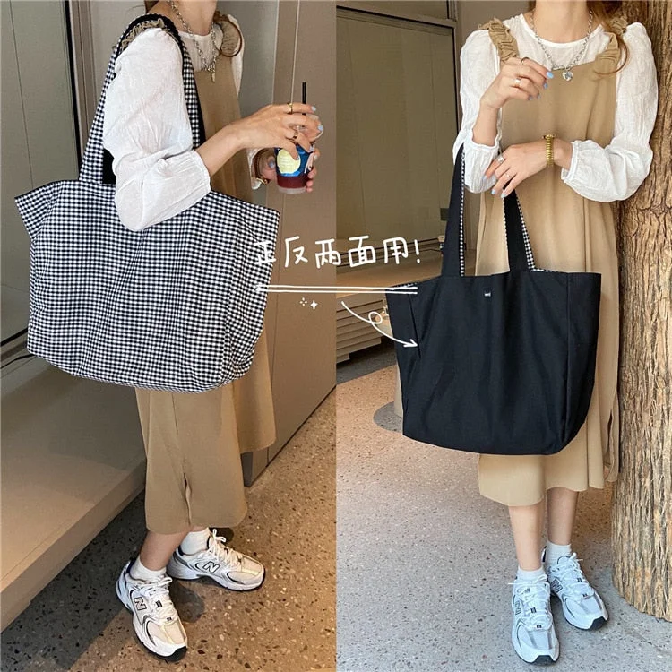 Canvas Both Side Bag Shopper Shoulder Bag for Women 2021 Checkered Luxury Designer Handbag Large Capacity Travel Female Tote Bag