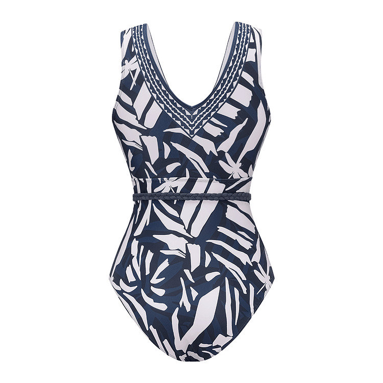 V Neck Printed Braided Rope Decorate One Piece Swimsuit and
